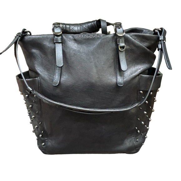 JIMMY CHOO Blare Studded Glossy Leather Black Tote Bag - Picture 2 of 15